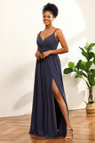 Robe de demoiselle d’honneur en mousseline de soie longue en mousseline de soie bleu poussiéreux avec fente