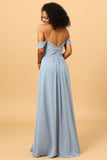 Robe de demoiselle d’honneur bleue en mousseline de soie d’épaule avec fente