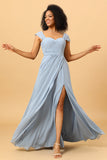 Robe de demoiselle d’honneur bleue en mousseline de soie d’épaule avec fente