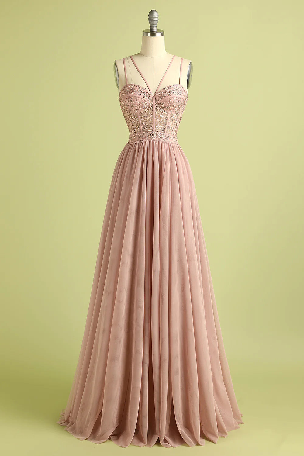 Robe de bal longue Corset en tulle gaine rose bretelles spaghetti longue avec fente