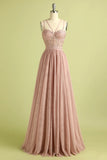 Robe de bal longue Corset en tulle gaine rose bretelles spaghetti longue avec fente