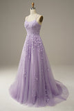 A-ligne Spaghetti Bretelles Violet Longue Robe De Bal