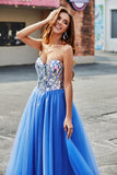 Bleu Royal A-ligne Sweetheart Broken Mirrors Corset Bretelles Longue Robe de bal