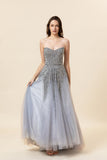 Robe de bal longue en tulle perle gris scintillante