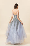 Robe de bal longue en tulle perle gris scintillante