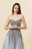 Robe de bal longue en tulle perle gris scintillante
