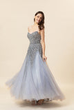 Robe de bal longue en tulle perle gris scintillante