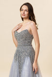 Robe de bal longue en tulle perle gris scintillante