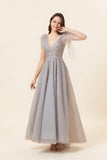 Robe de bal en tulle long tulle gris perlé scintillant