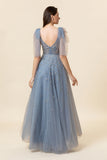 Robe de bal en tulle long tulle bleu perlé scintillant