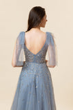 Robe de bal en tulle long tulle bleu perlé scintillant