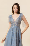 Robe de bal en tulle long tulle bleu perlé scintillant