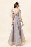 Robe de bal en tulle long tulle gris perlé scintillant