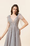 Robe de bal en tulle long tulle gris perlé scintillant