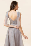 Robe de bal en tulle long tulle gris perlé scintillant