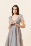 Robe de bal en tulle long tulle gris perlé scintillant