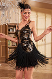Fourreau scintillant bretelles spaghetti paillettes noires robe des années 1920 avec papillon