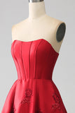 Élégante princesse A-ligne bustier rouge foncé longue robe de bal avec des fleurs 3D
