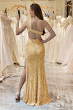 Sparkly Golden Sequins Mermaid One Shoulder Long Prom Dress With Slit