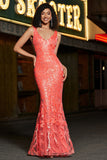 Superbe sirène col V corail paillettes longue robe de bal avec broderie