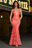 Superbe sirène col V corail paillettes longue robe de bal avec broderie