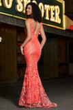 Superbe sirène col V corail paillettes longue robe de bal avec broderie