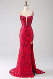 Sirène robe de bal à paillettes rouge foncé avec fente