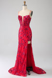 Sirène robe de bal à paillettes rouge foncé avec fente