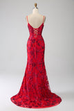 Sirène robe de bal à paillettes rouge foncé avec fente