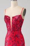 Sirène robe de bal à paillettes rouge foncé avec fente