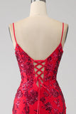 Sirène robe de bal à paillettes rouge foncé avec fente
