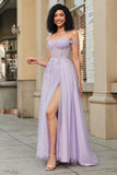 Magnifique une ligne hors de l’épaule violet Corset robe de bal avec des Appliques