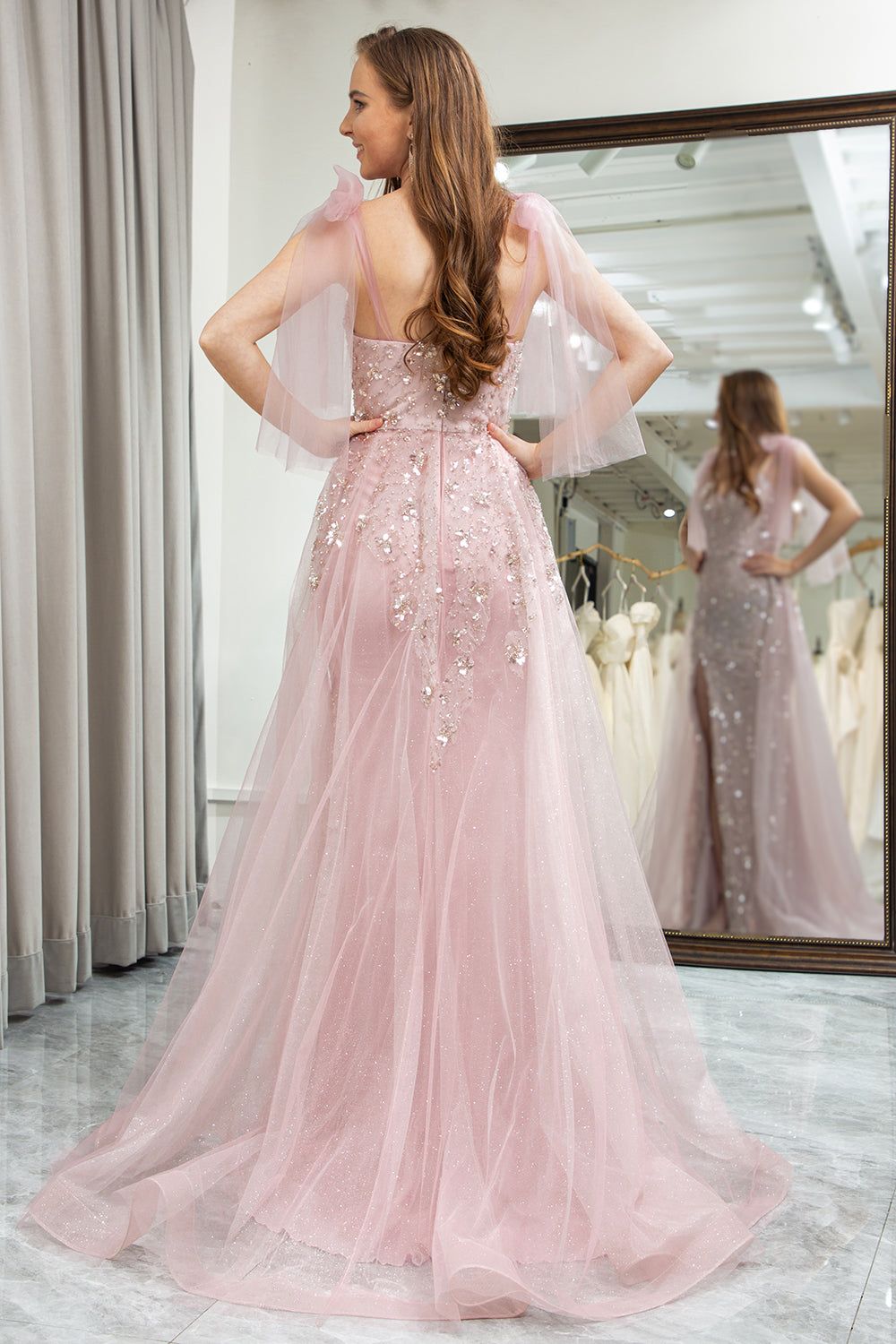 Sparkly Light Pink Mermaid Long Prom Dress With Slit