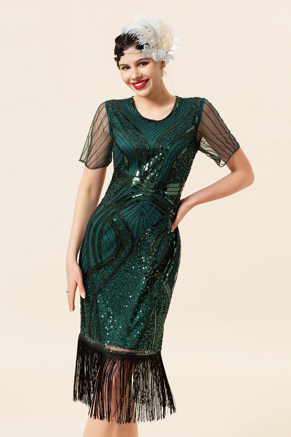 Gale Col rond Perles vert foncé Robe des années 1920 avec pompon