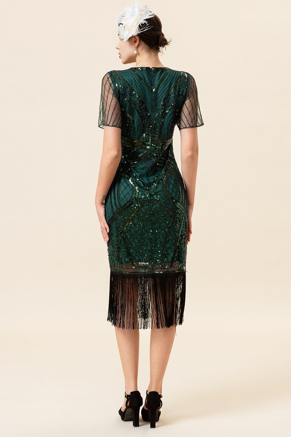 Gale Col rond Perles vert foncé Robe des années 1920 avec pompon