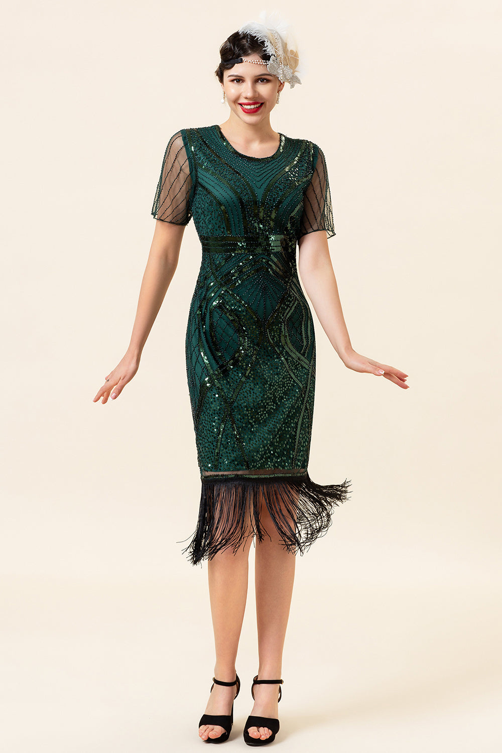 Gale Col rond Perles vert foncé Robe des années 1920 avec pompon