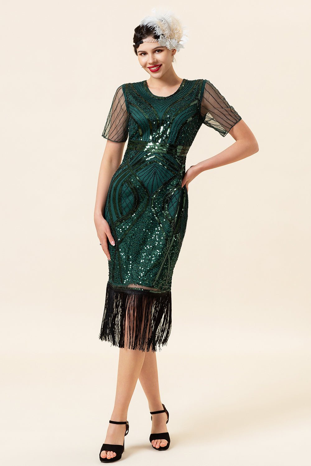 Gale Col rond Perles vert foncé Robe des années 1920 avec pompon