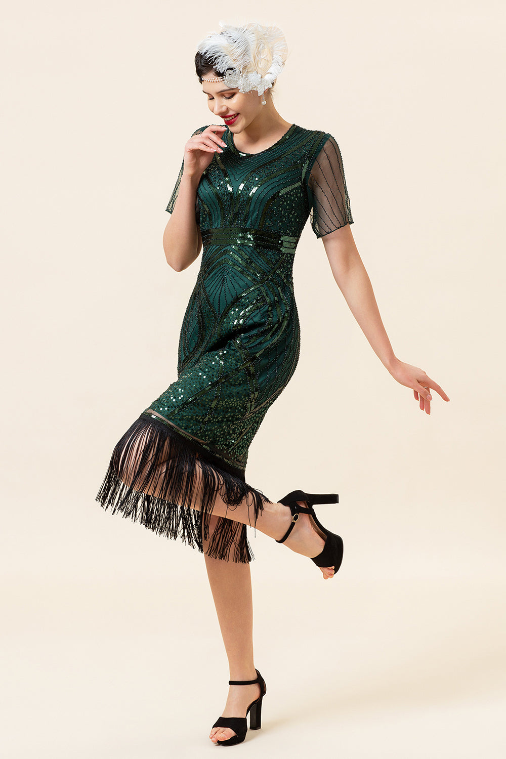 Gale Col rond Perles vert foncé Robe des années 1920 avec pompon