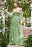 Vert sur l’épaule Manches longues A-Line Robe de bal