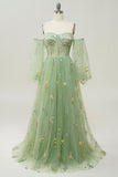 Vert sur l’épaule Manches longues A-Line Robe de bal