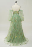 Vert sur l’épaule Manches longues A-Line Robe de bal