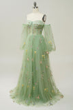 Vert sur l’épaule Manches longues A-Line Robe de bal