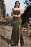 Robe de Soirée longue olive sans bretelles Gaine avec Avant fendu
