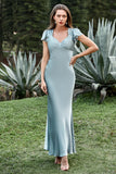 Robe de Soirée simple en satin bleu gris avec volants