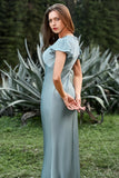 Robe de Soirée simple en satin bleu gris avec volants