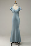 Robe de Soirée simple en satin bleu gris avec volants