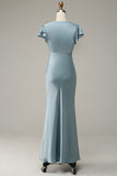 Robe de Soirée simple en satin bleu gris avec volants
