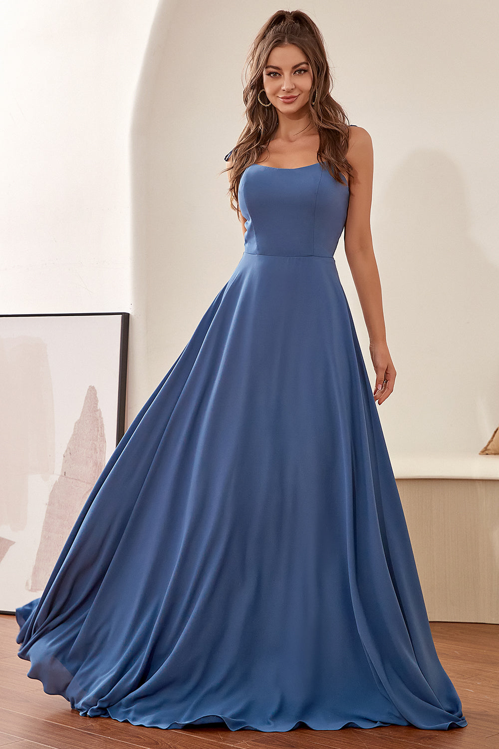 Gris Bleu Spaghetti Sangles Robe de Demoiselle d’Honneur