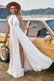 Robe de mariée en dentelle ivoire en mousseline de soie Halter Boho avec fente