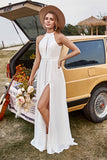 Robe de mariée en dentelle ivoire en mousseline de soie Halter Boho avec fente